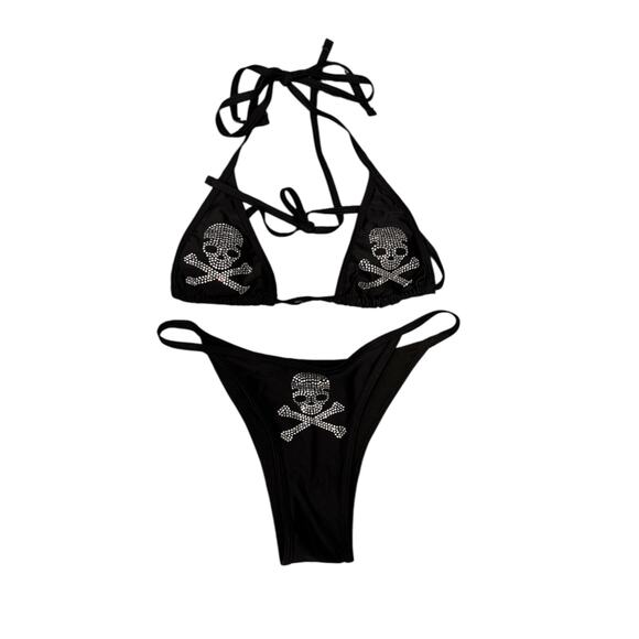 String bikini black with skull and bones rhinestones. Padding in top. Size small - Picture 1 of 5